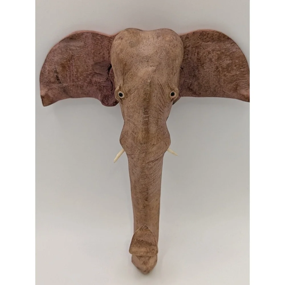 Vintage Hand Carved Wood Elephant Head Wall Decor Key Hook Holder India